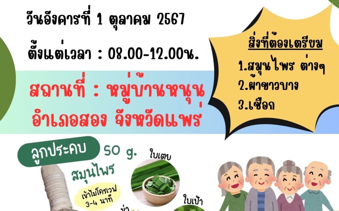 “ทำลูกประคบสมุนไพร แจกจ่ายผู้สูงวัยในชุมชนบ้านหนุน อำเภอสอง จังหวัดแพร่”